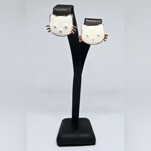 Cute Cat Face Earrings - White and Gold